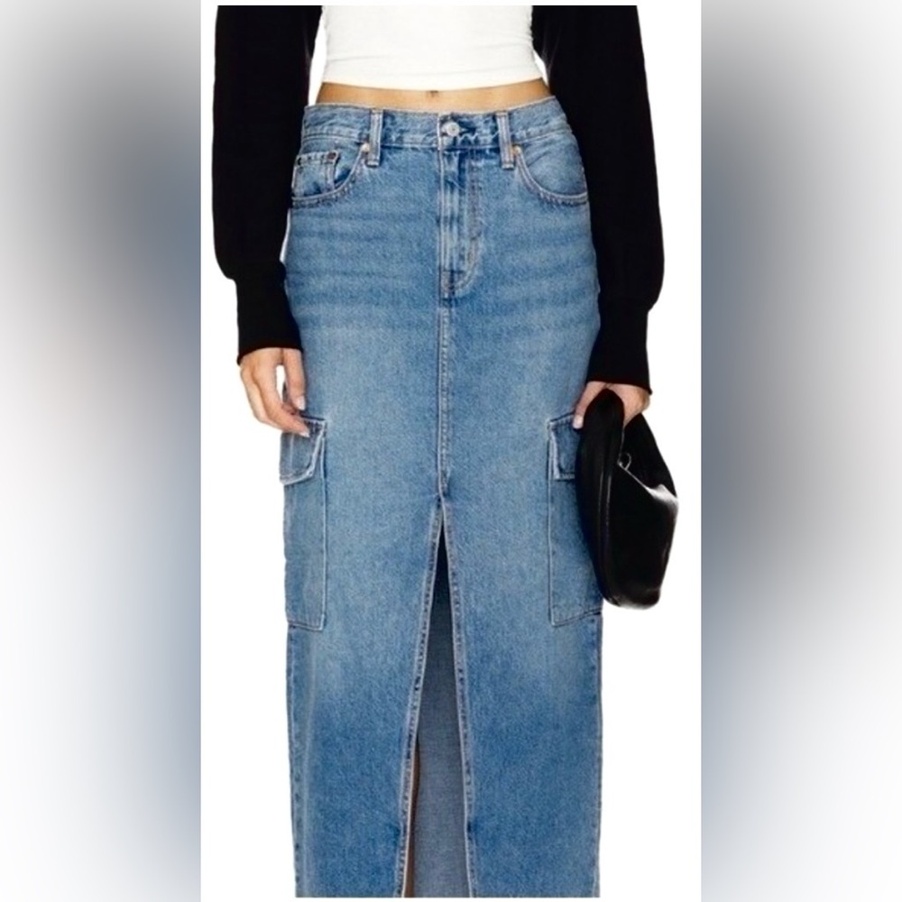 Sincerely Jules Cotton Denim Cargo Midi Skirt Long Length Front Slit Size 27